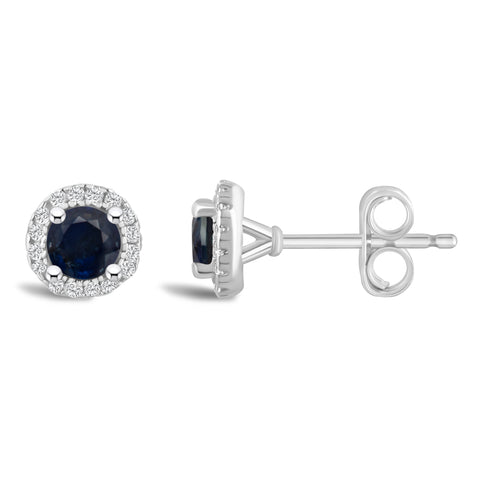 Round Sapphire and Diamond Halo September Birthstone Earrings in Sterling Silver