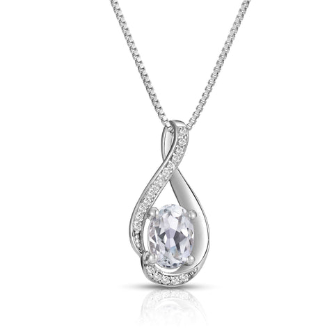 Oval White Topaz Diamond Swirl Pendant in Sterling Silver