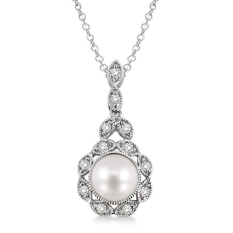 Sterling Silver 1/20ctw Diamond and Pearl Pendant