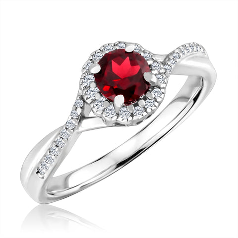 Garnet and Diamond Halo January Birthstone Ring in Sterling Silver