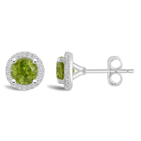 Round Peridot and Diamond Halo August Birthstone Earrings in Sterling Silver