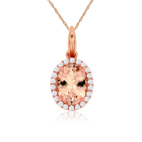 Rose Gold Oval Morganite and Diamond Halo Pendant