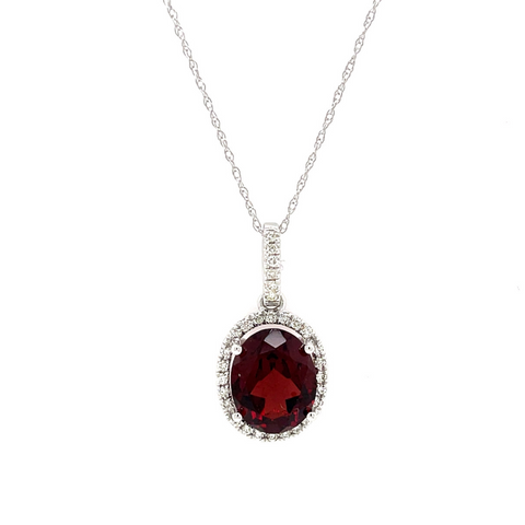 14 Karat White Gold 3.18 Carat Oval Garnet and Diamond Halo Pendant