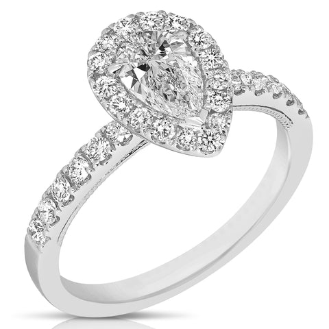 1 Ctw Pear Diamond Halo Engagement Ring in White Gold