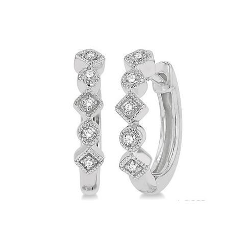 1/10 ctw Circular & Rhombus Mount Round Cut Diamond Huggie Earrings in 10K White Gold