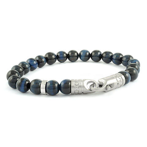 Italgem Blue Tiger Eye 8mm Bead Matte Steel Clasp Bracelet