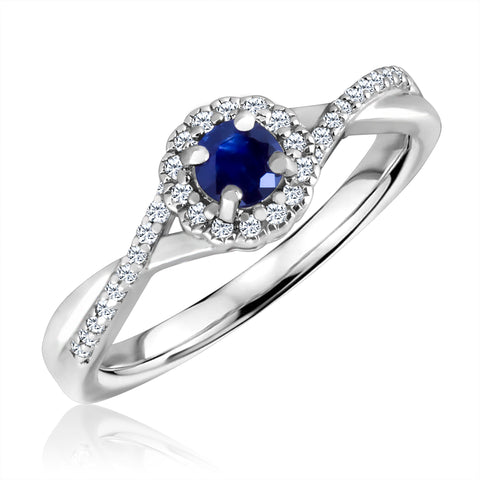 Blue Sapphire and Diamond Halo September Birthstone Ring in Sterling Silver