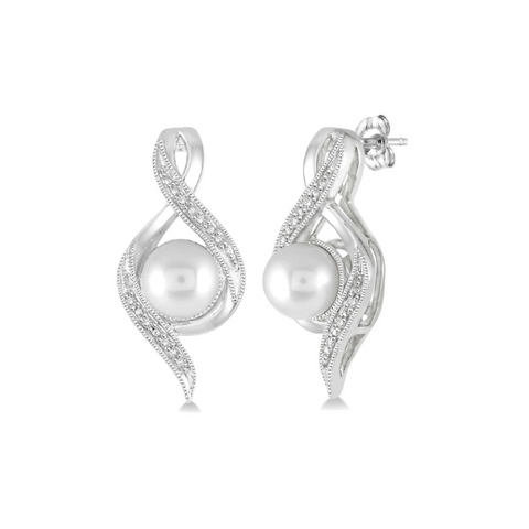 6.5 MM Cultured Pearl and 1/20 Ctw Round Cut Diamond Earrings in Sterling Silver