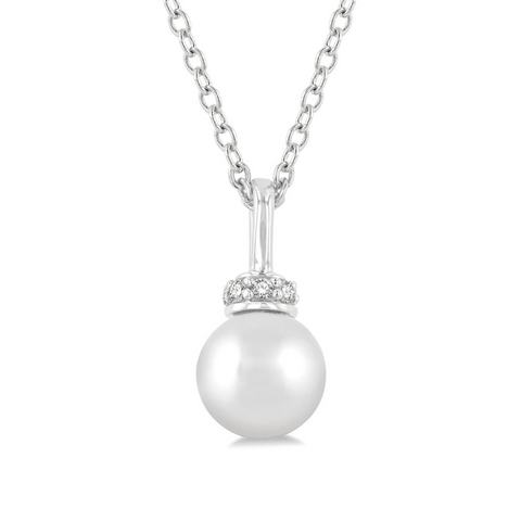 1/20 ctw Petite 6X6 MM Cultured Pearl and Round Cut Diamond Crown Fashion Pendant With Chain in 10K White Gold