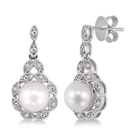 Sterling Silver 1/20ctw Diamond and Pearl Earrings