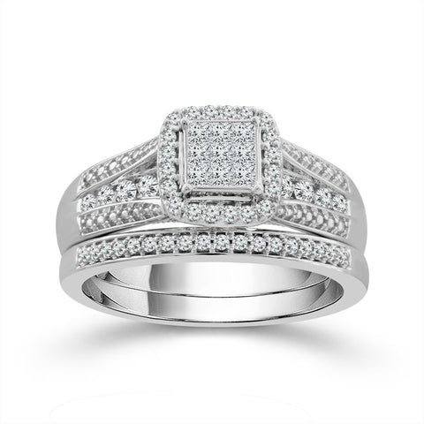 10k White Gold 1/2ctw Princess and Round Diamond Halo Wedding Set