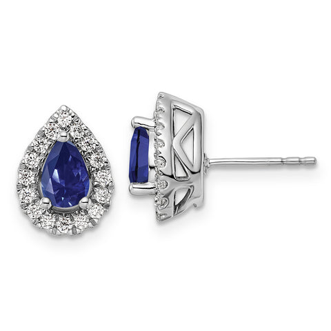 Created Pear Shape Sapphire Diamond Halo Earrings in 10 Karat White Gold