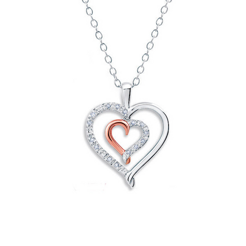 Double Diamond Heart Pendant in Sterling Silver and Rose Gold Plating