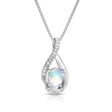 Oval Opal Diamond Swirl October Birthstone Pendant in Sterling Silver