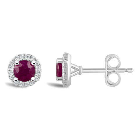 Round Ruby and Diamond Halo July Birthstone Earrings in Sterling Silver