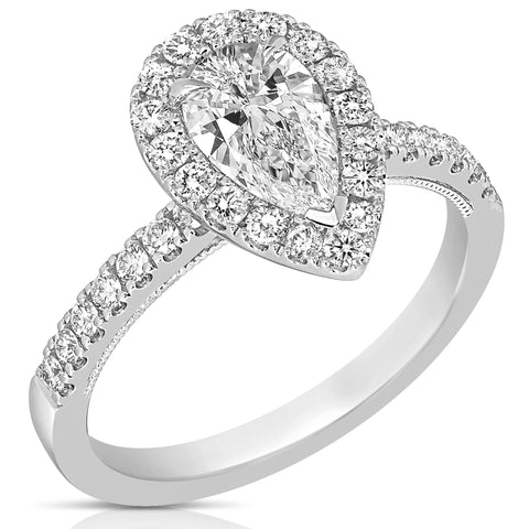 1 1/2 Ctw Pear Diamond Halo Engagement Ring in White Gold