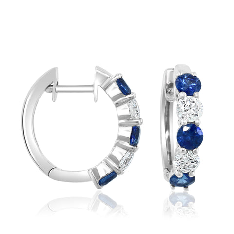 14K White Gold Sapphire and Diamond Hoop Earrings