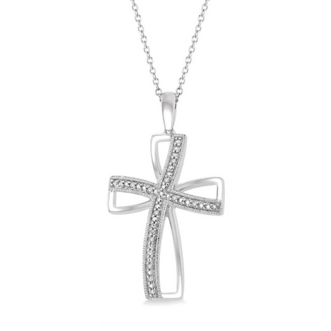 1/50 Ctw Cross Charm Round Cut Diamond Pendant With Chain in Sterling Silver