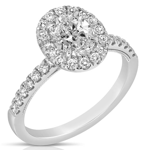 1 1/2 Ctw Oval Diamond Halo Engagement Ring in White Gold