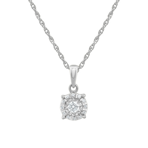 Sterling Silver 1/10 Carat Diamond Halo Pendant With Cable Link Chain