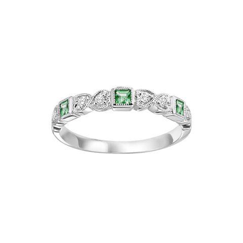 10 Karat White Gold Emerald and Diamond Stackable Band