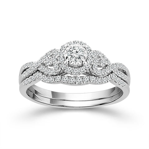 10 Karat White Gold 3/4 Carat Halo Twist Diamond Wedding Set