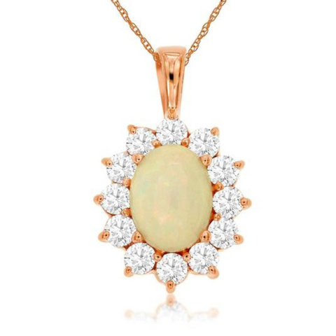 Oval Opal and Diamond Halo Pendant in 14 Karat Rose Gold