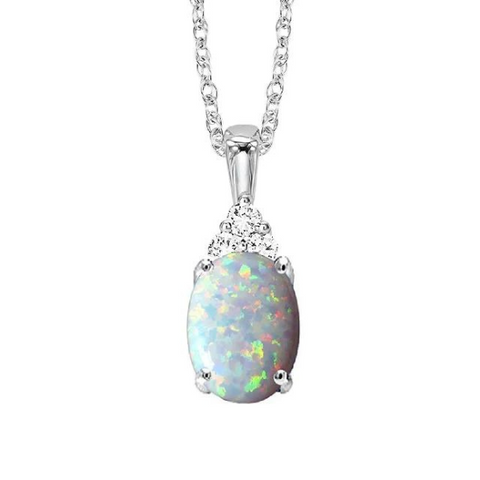 10 Karat White Gold Oval Opal Diamond Pendant