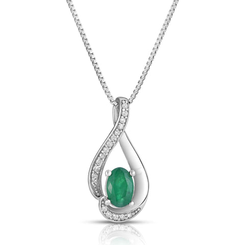 Oval Emerald Diamond Swirl May Birthstone Pendant in Sterling Silver