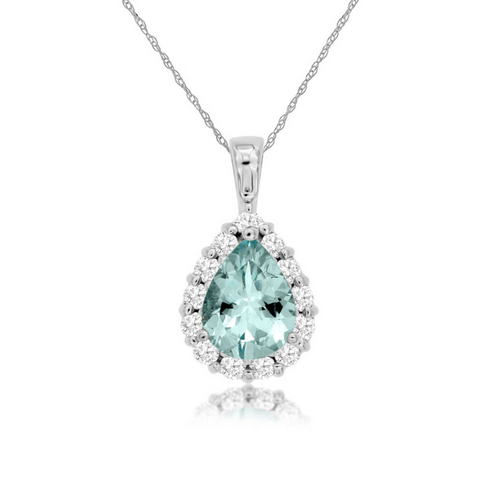 14 Karat White Gold Pear Shape Aquamarine and Diamond Halo Pendant