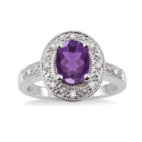 Sterling Silver 8x6mm Oval Cut Amethyst and 1/20 Carat Diamond Ring