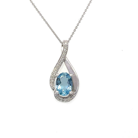 Oval Aquamarine Diamond Swirl March Birthstone Pendant in Sterling Silver